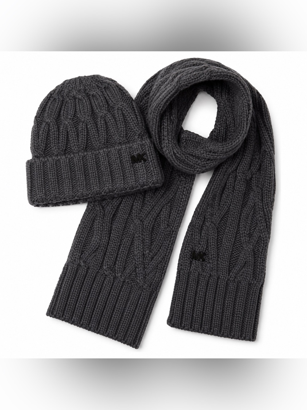 Michael Kors Cable Knit Beanie &‎ Scarf Set gray One Size NWT Unisex cozy winter